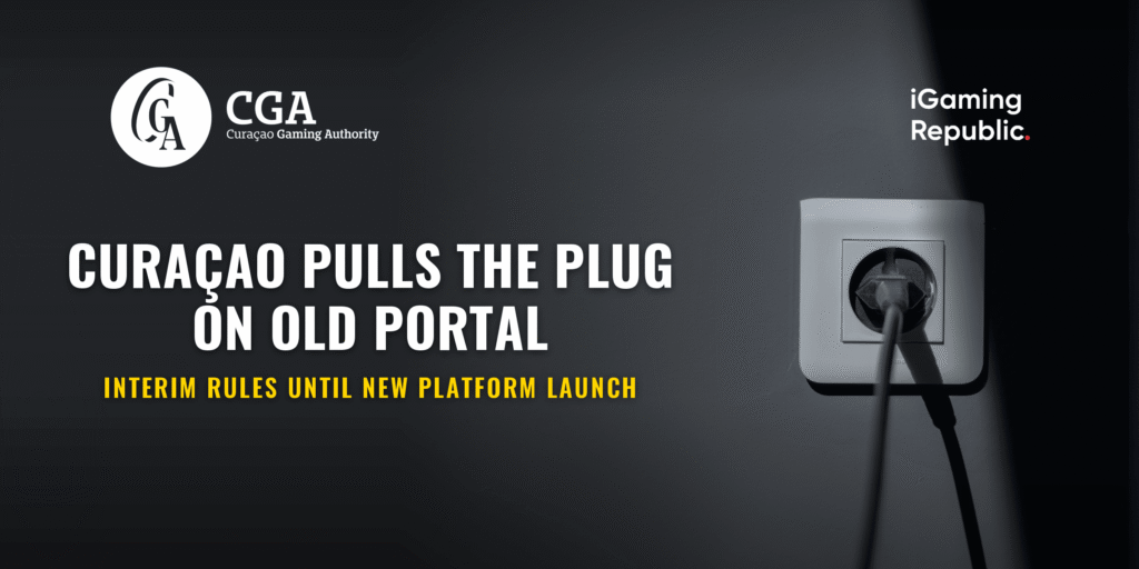 A white wall socket with a plug and cable against a dark grey wall, under the headline “Curaçao pulls the plug on old portal”, with the CGA and iGaming Republic logos